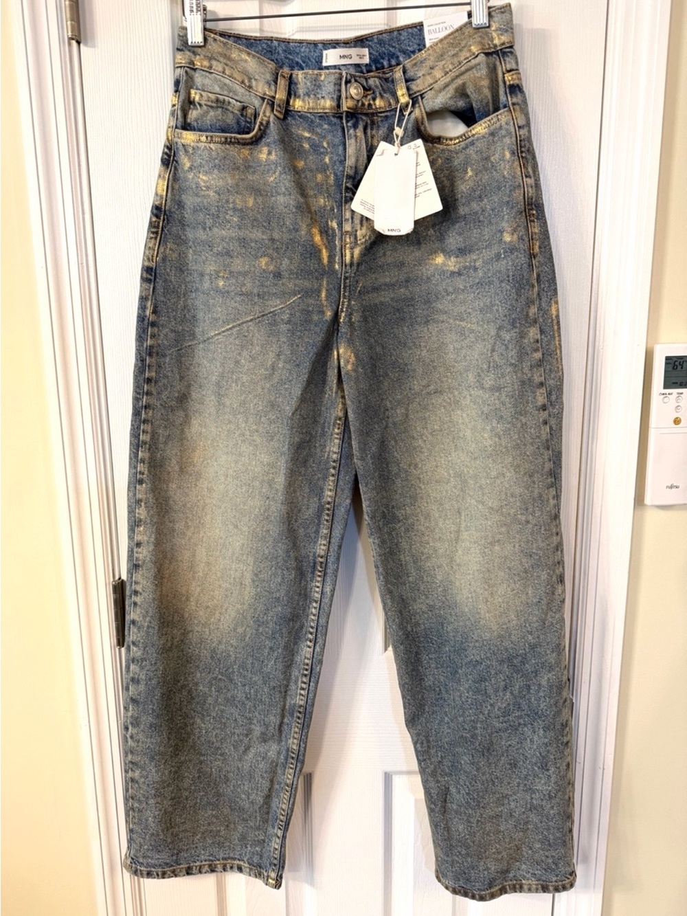 Mango Metallic Gold Wash Balloon Jeans NWT Size 4 EUR 36 Loose Fit